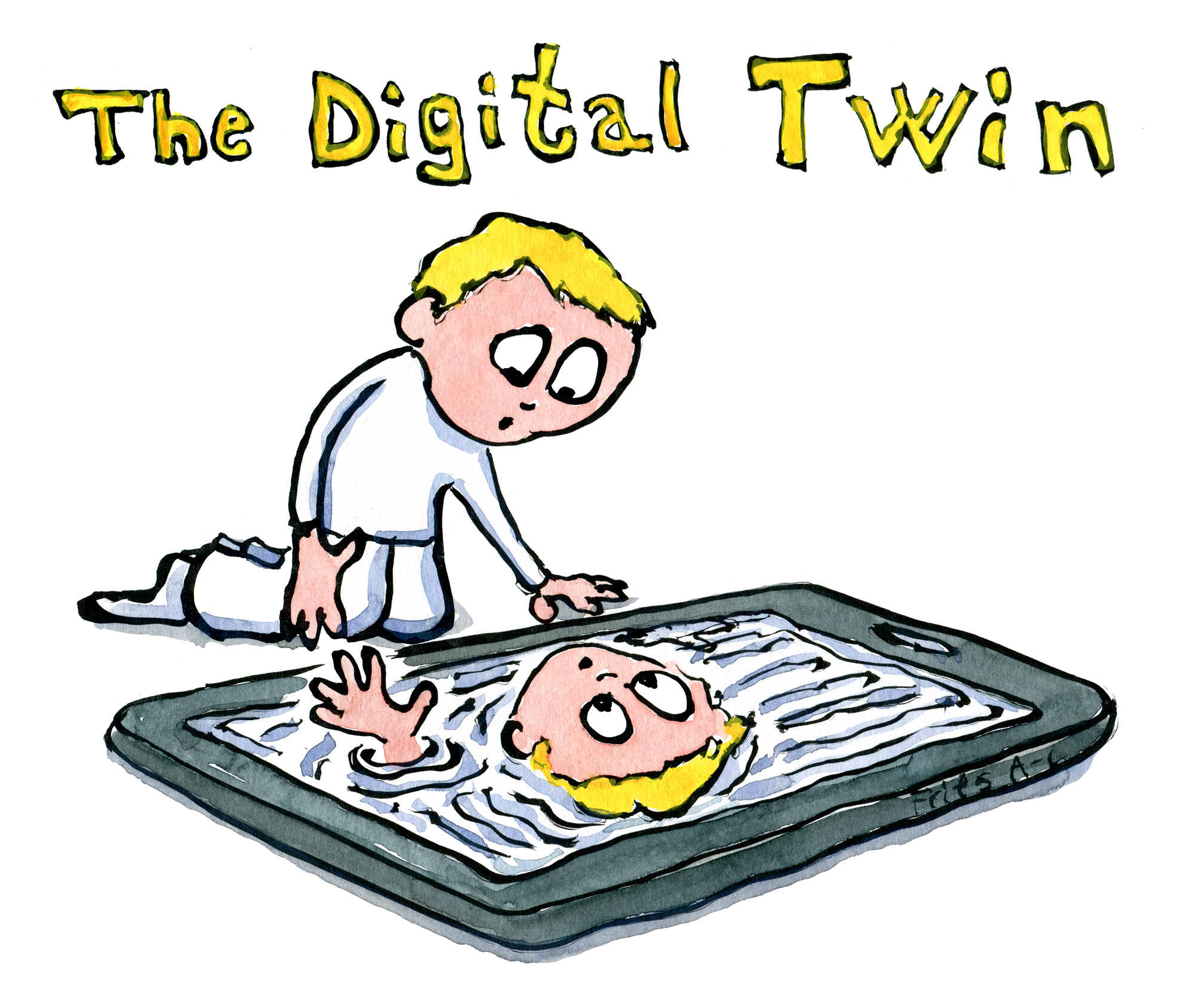 A chid looking into their device to see a mirror image of them, representing Digital Twin